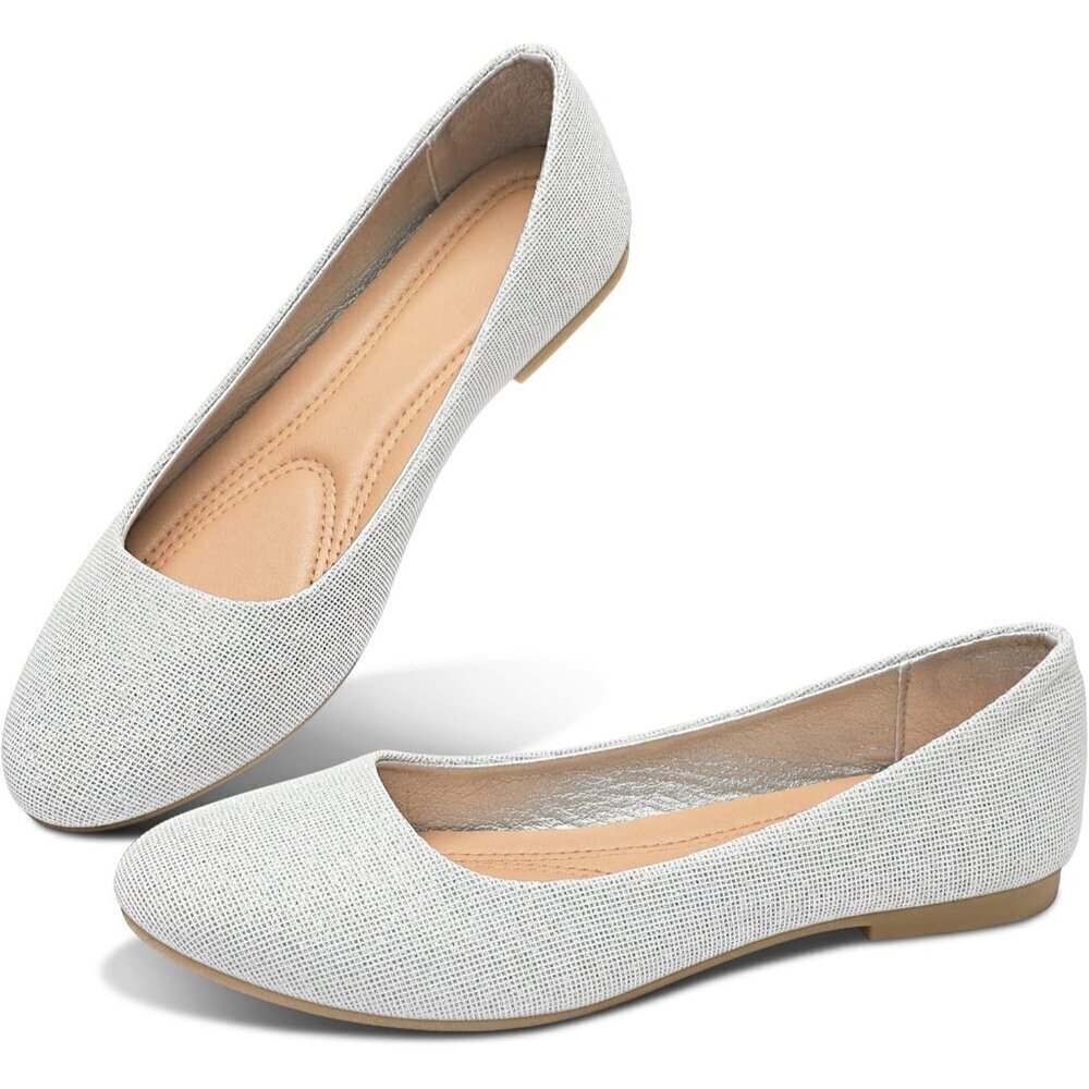 Obtaom Women Silver Glitter Textile Closed Round Toe Slip on Ballet Flats Shoes